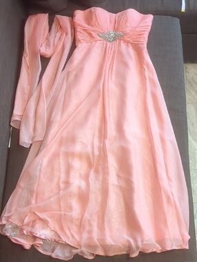EUREKA  Sparkly-Peach/Strapless Iridescent jeweled FlowyNight Gown-Chiffon Shawl